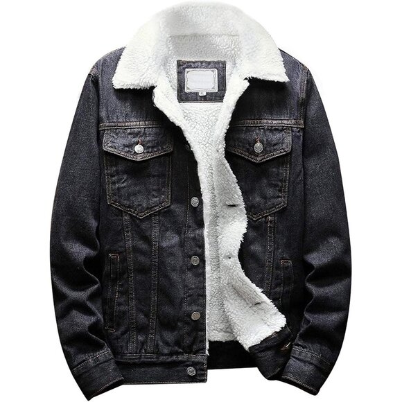 Men's Lapel Sherpa Fleece Lined Thicken Denim Jean Trucker Jacket Coats - Picture 1 of 7